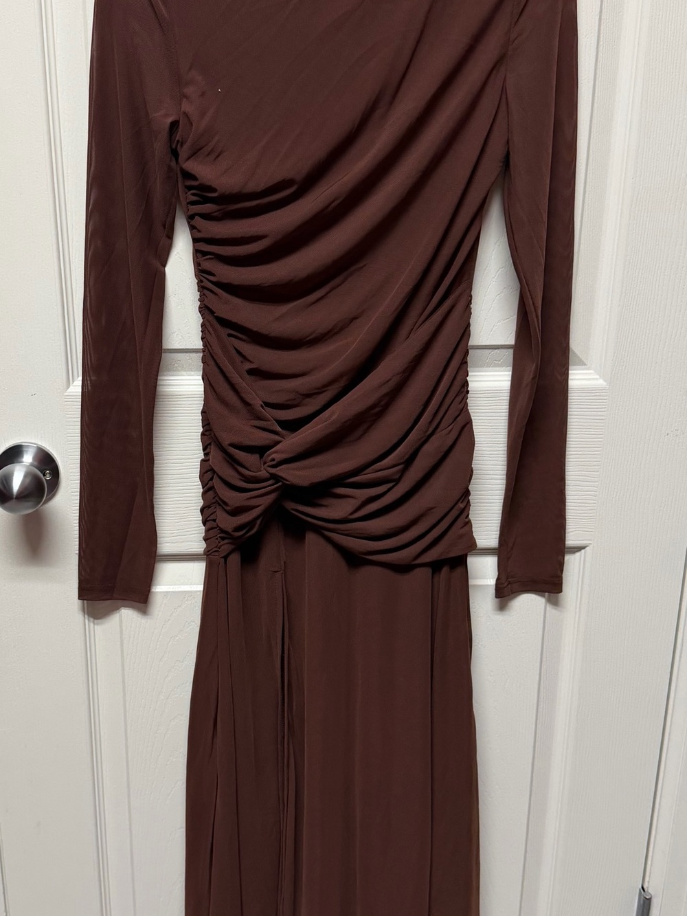Long Sleeve Ruched Brown Women's Dress